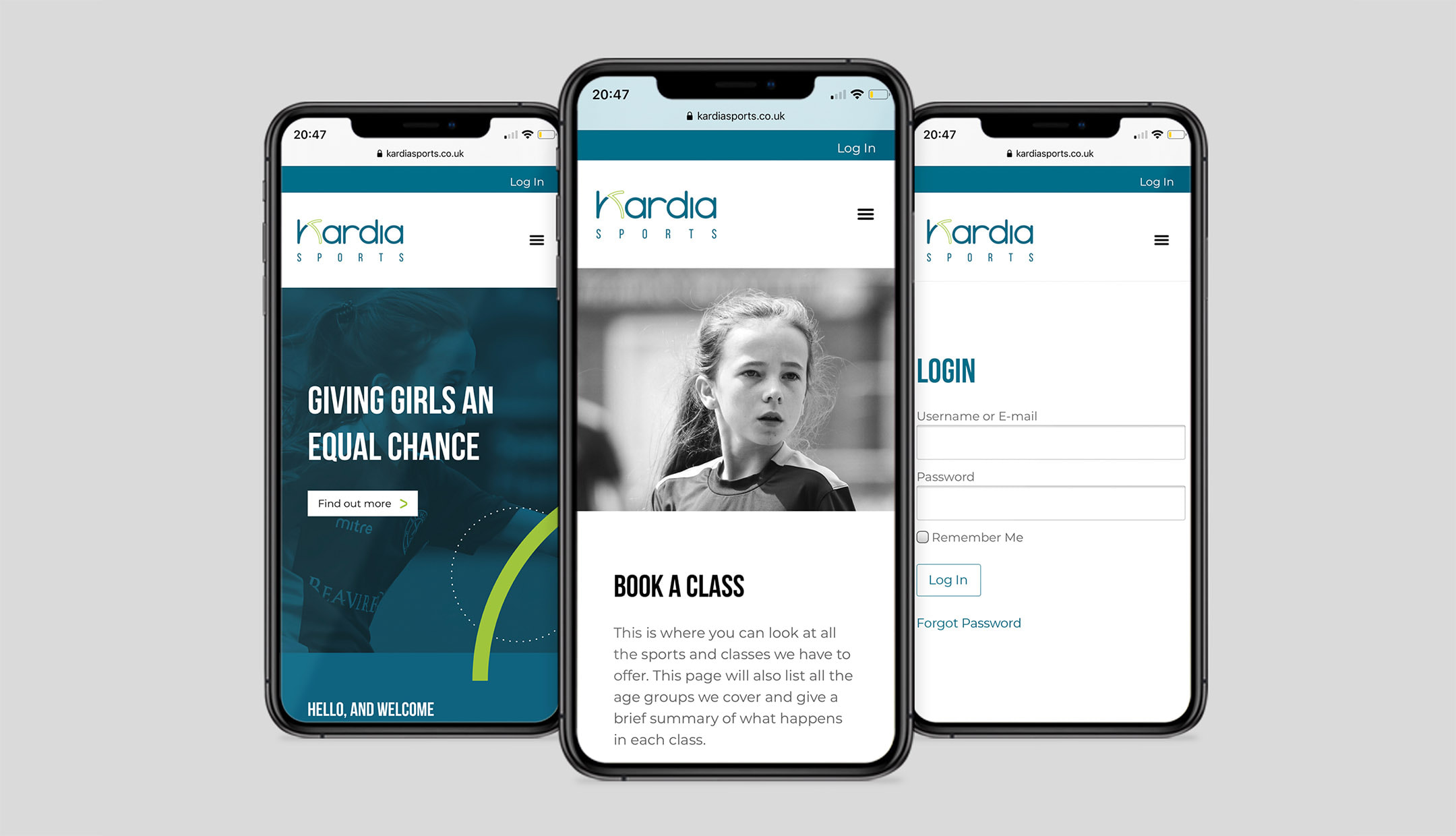 Kardia Sports website on 3 iPhones