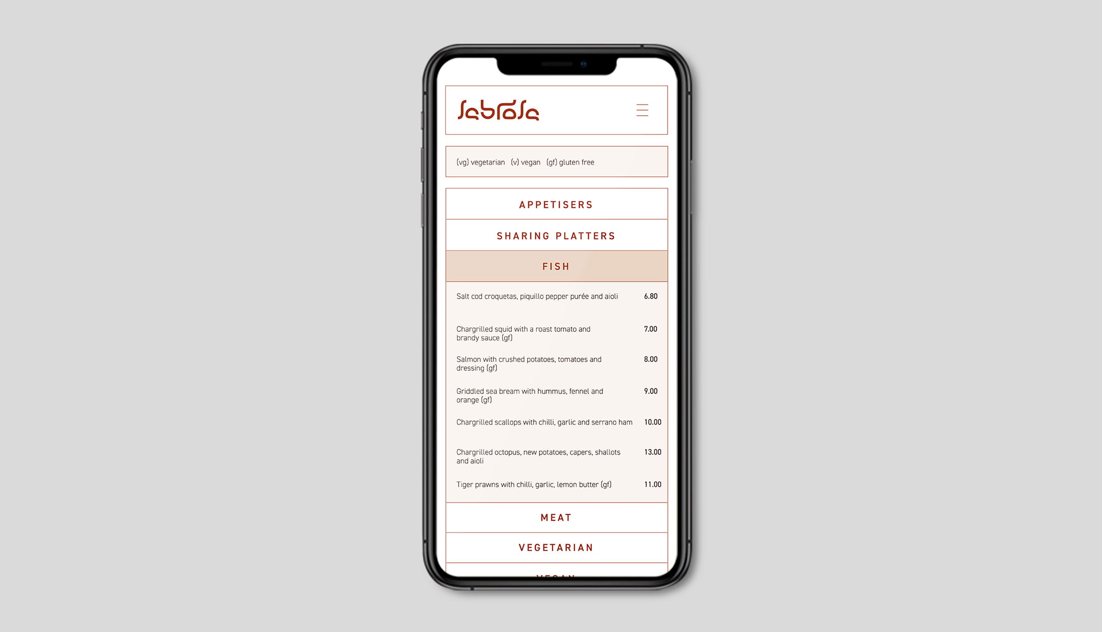 Sabrosa website menu responsively on iPhone