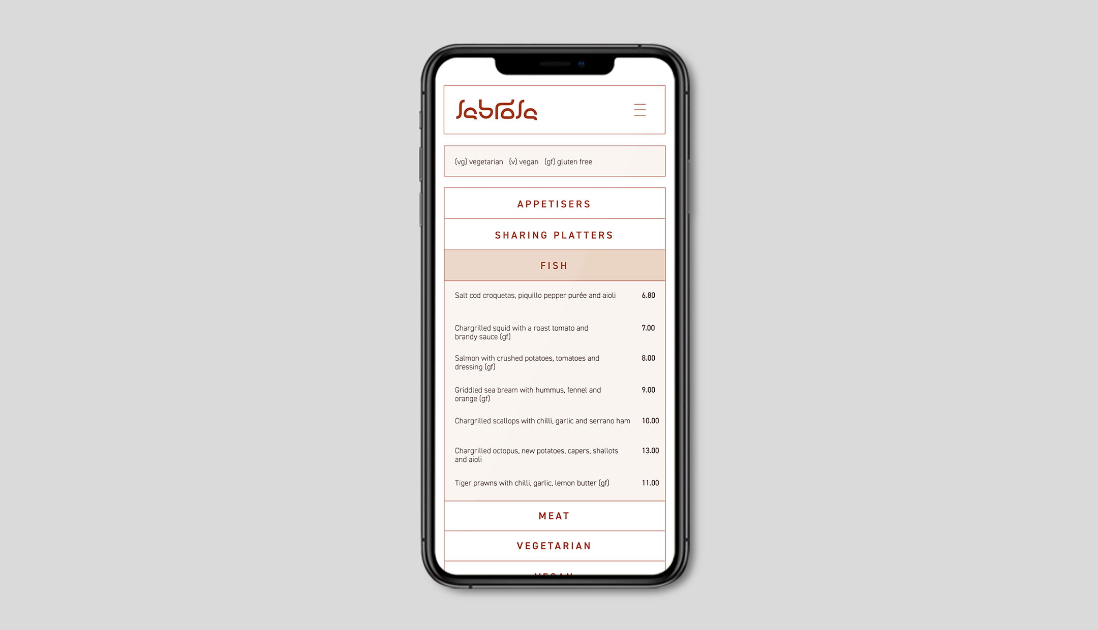 Sabrosa website menu responsively on iPhone