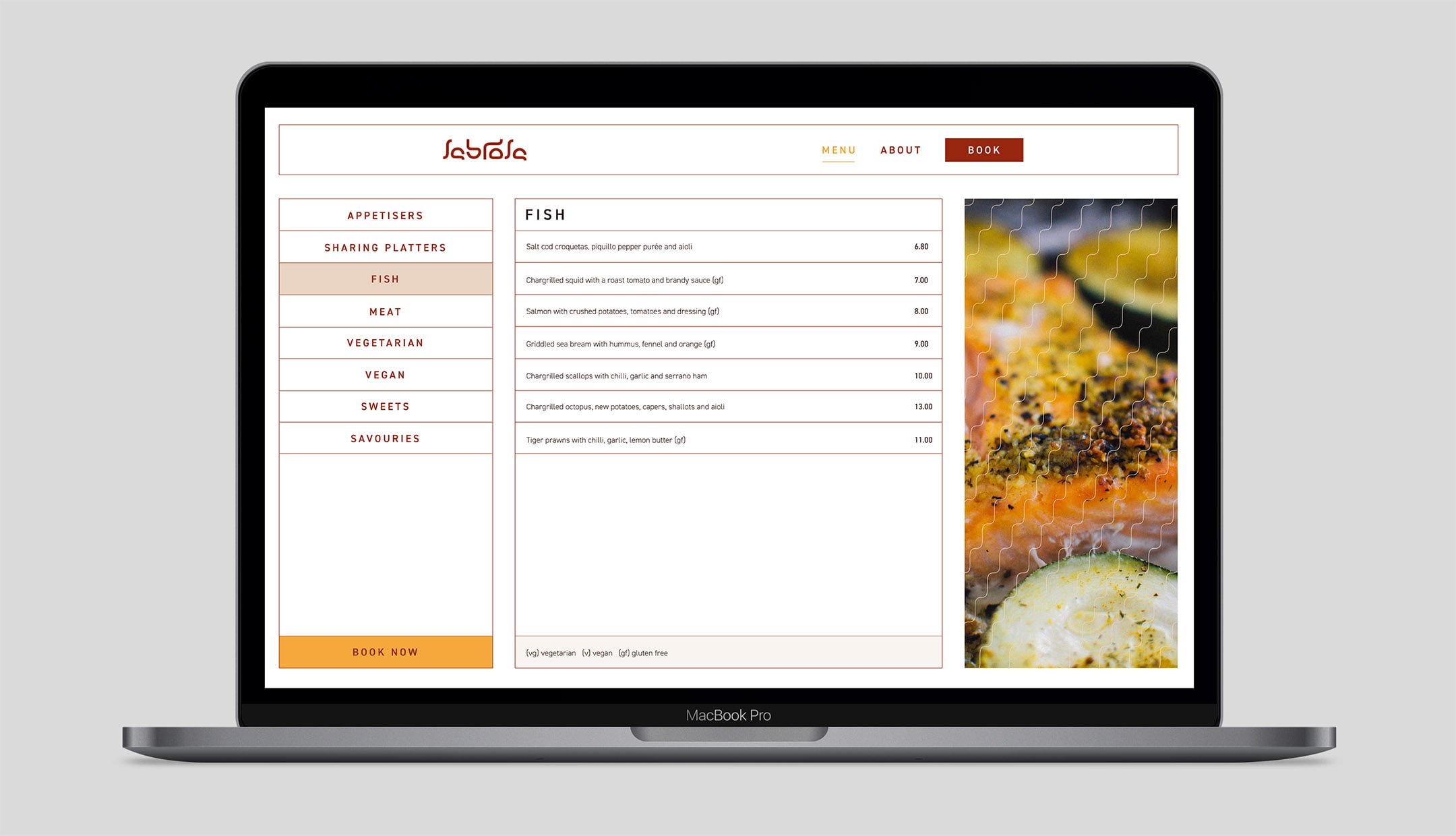 Sabrosa website menu on a Macbook